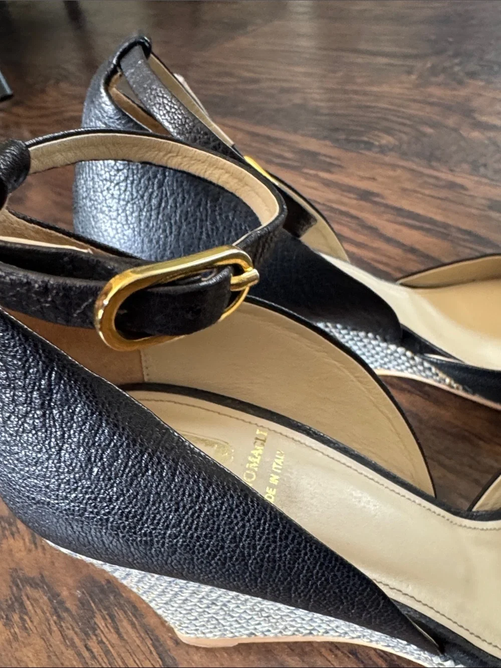 Bruno Magli Black Leather Peep-Toe Wedge Sandals with Raffia-Wrapped Heel